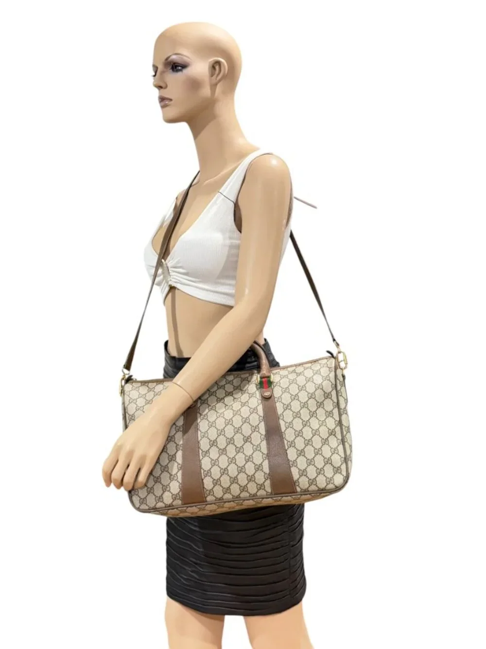 GUCCI Beige Canvas GG Monogram Web Accent Supreme Boston Bag Made in Italy